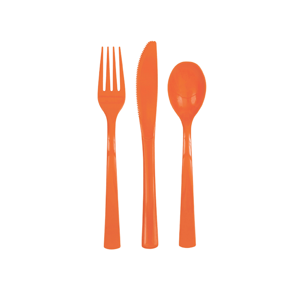 orange plastic cutlery set featuring fork knife spoon modern birthday theme from Parte Haus party supply store in Bethesda MD