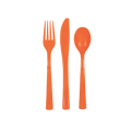 orange plastic cutlery set featuring fork knife spoon modern birthday theme from Parte Haus party supply store in Bethesda MD
