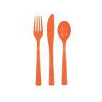orange plastic cutlery set featuring fork knife spoon modern birthday theme from Parte Haus party supply store in Bethesda MD