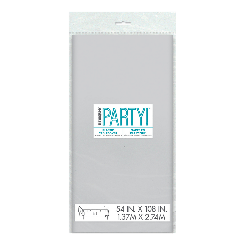 White plastic table cover folded in packaging for celebrations from Parte Haus party supply store in Bethesda MD