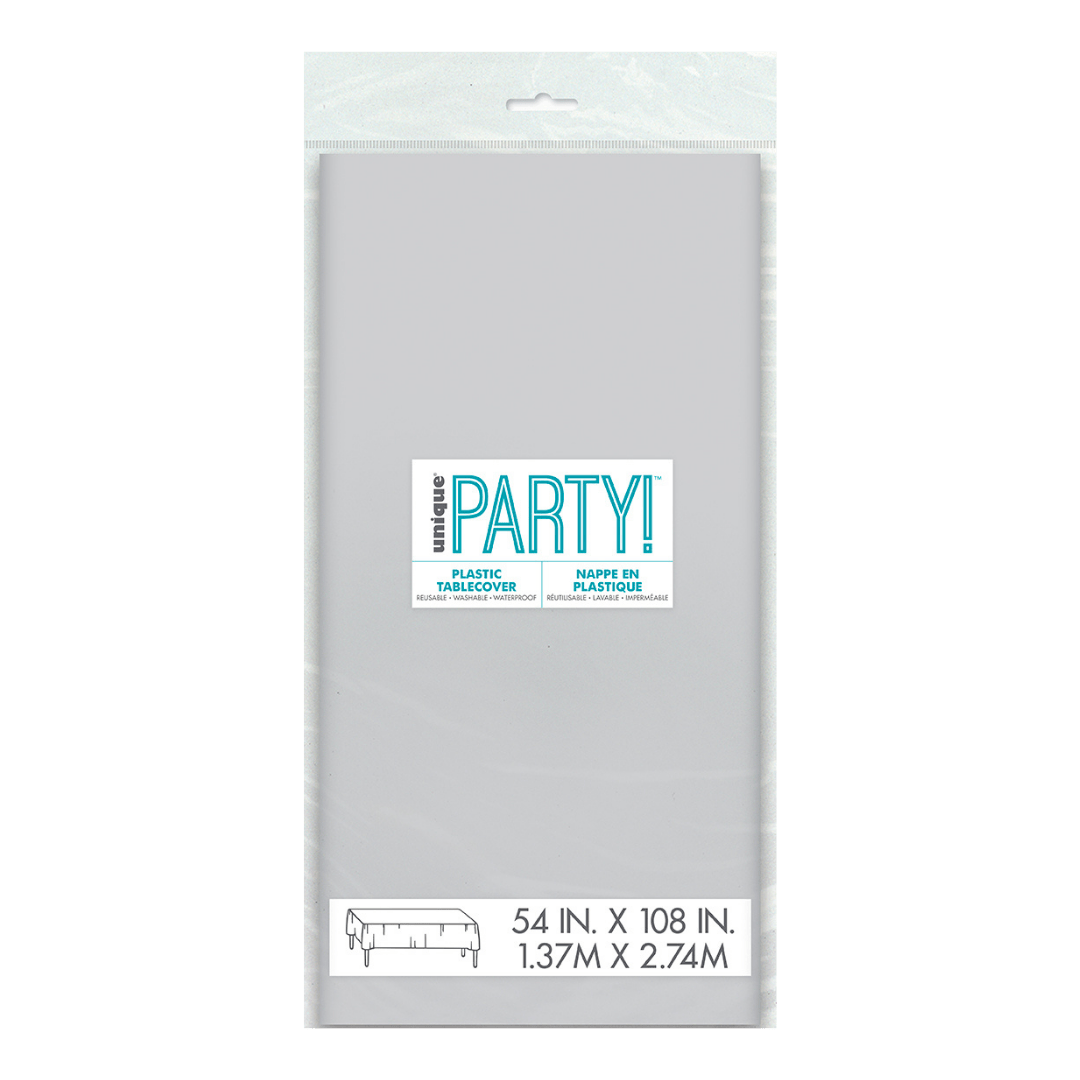 White plastic table cover folded in packaging for celebrations from Parte Haus party supply store in Bethesda MD