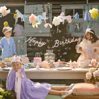 Pastel unicorn birthday banner pastel table decor and kids outdoor birthday theme from Parte Haus party supply store in Bethesda Maryland