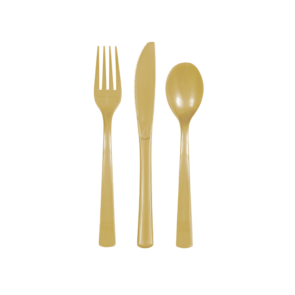 Gold plastic cutlery set with fork knife and spoon for celebration from Parte Haus party supply store in Bethesda Maryland