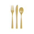 Gold plastic cutlery set with fork knife and spoon for celebration from Parte Haus party supply store in Bethesda Maryland