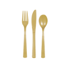 Gold plastic cutlery set with fork knife and spoon for celebration from Parte Haus party supply store in Bethesda Maryland