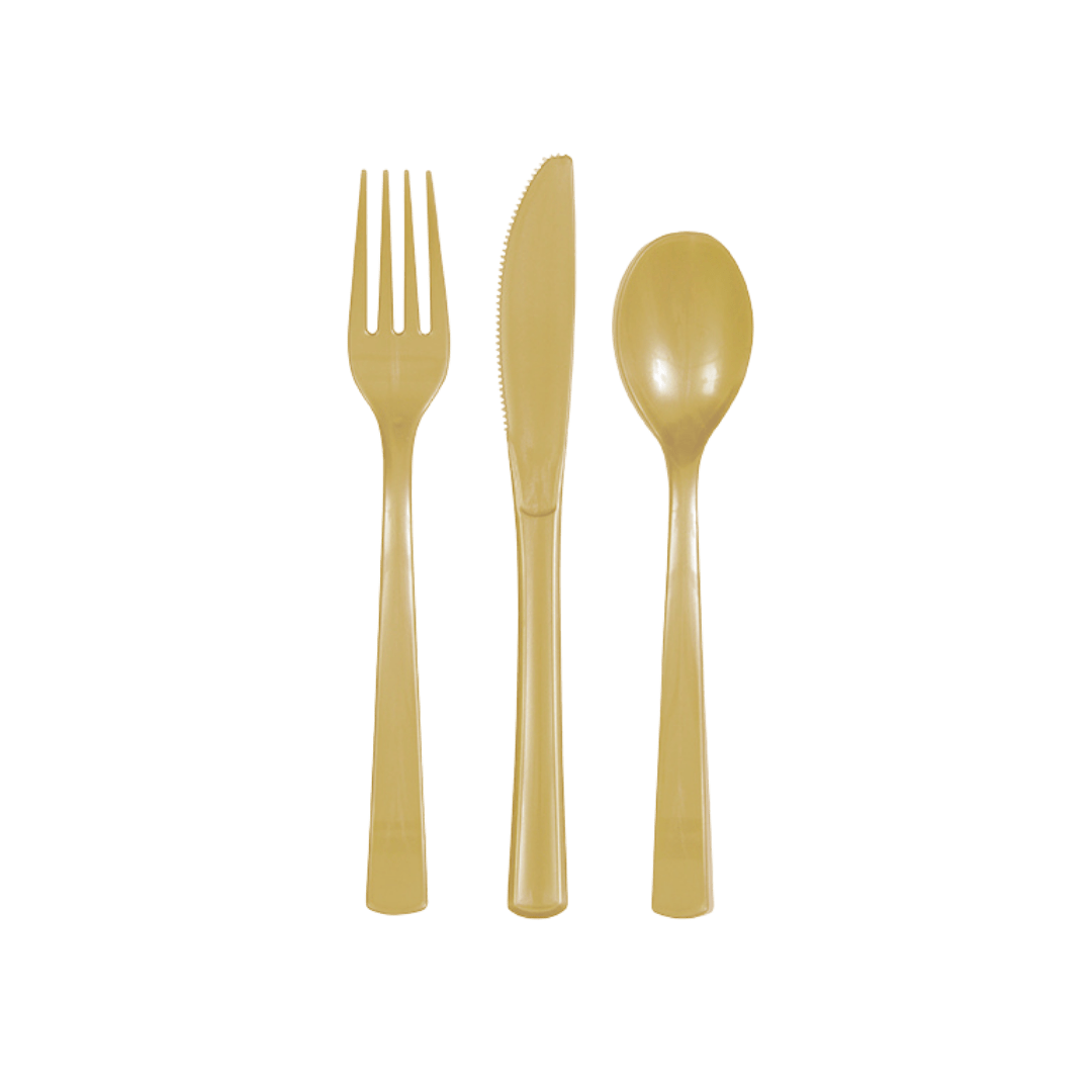 Gold plastic cutlery set with fork knife and spoon for celebration from Parte Haus party supply store in Bethesda Maryland