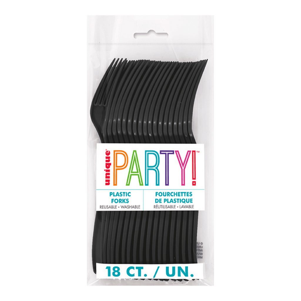 Black plastic forks in retail packaging for general celebration from Parte Haus party supply store in Bethesda Maryland