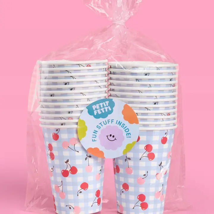 Blue cherry print cups with gingham pattern for birthday picnic from Parte Haus party supply store in Bethesda MD