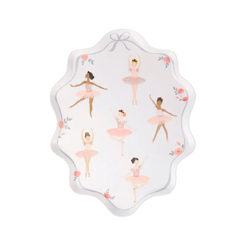 Pink ballerina scalloped plate with floral accents ballet birthday theme from Parte Haus party supply store in Bethesda MD