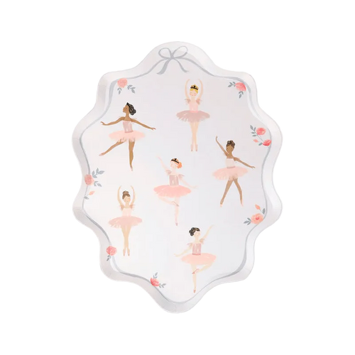 Pink ballerina scalloped plate with floral accents ballet birthday theme from Parte Haus party supply store in Bethesda MD