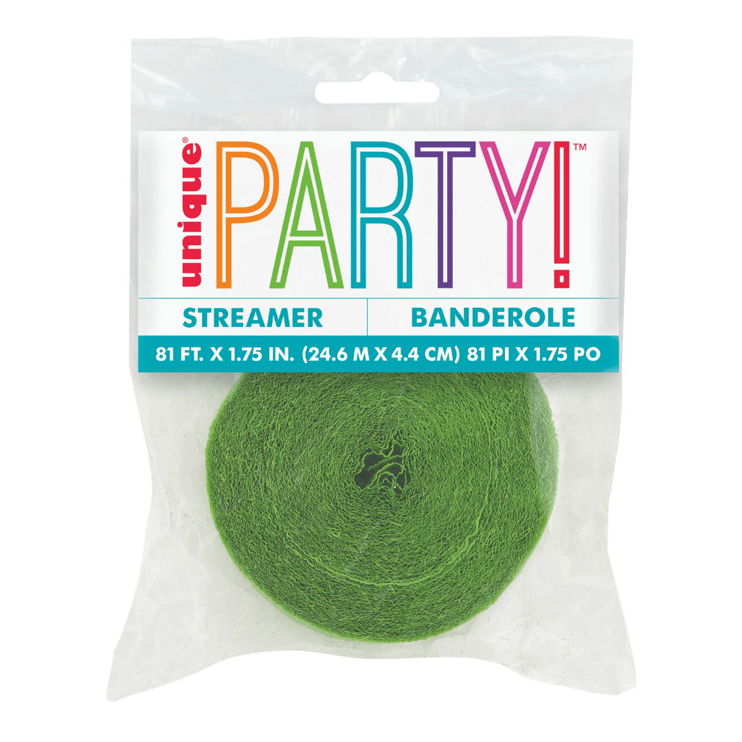 Green streamer roll in clear packaging birthday theme from Parte Haus party supply store in Bethesda Maryland
