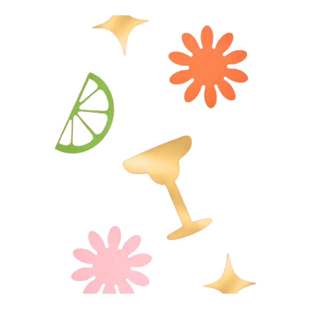 Gold green pink confetti with cocktail glass fruit slice flowers summer theme from Parte Haus party supply store in Bethesda Maryland