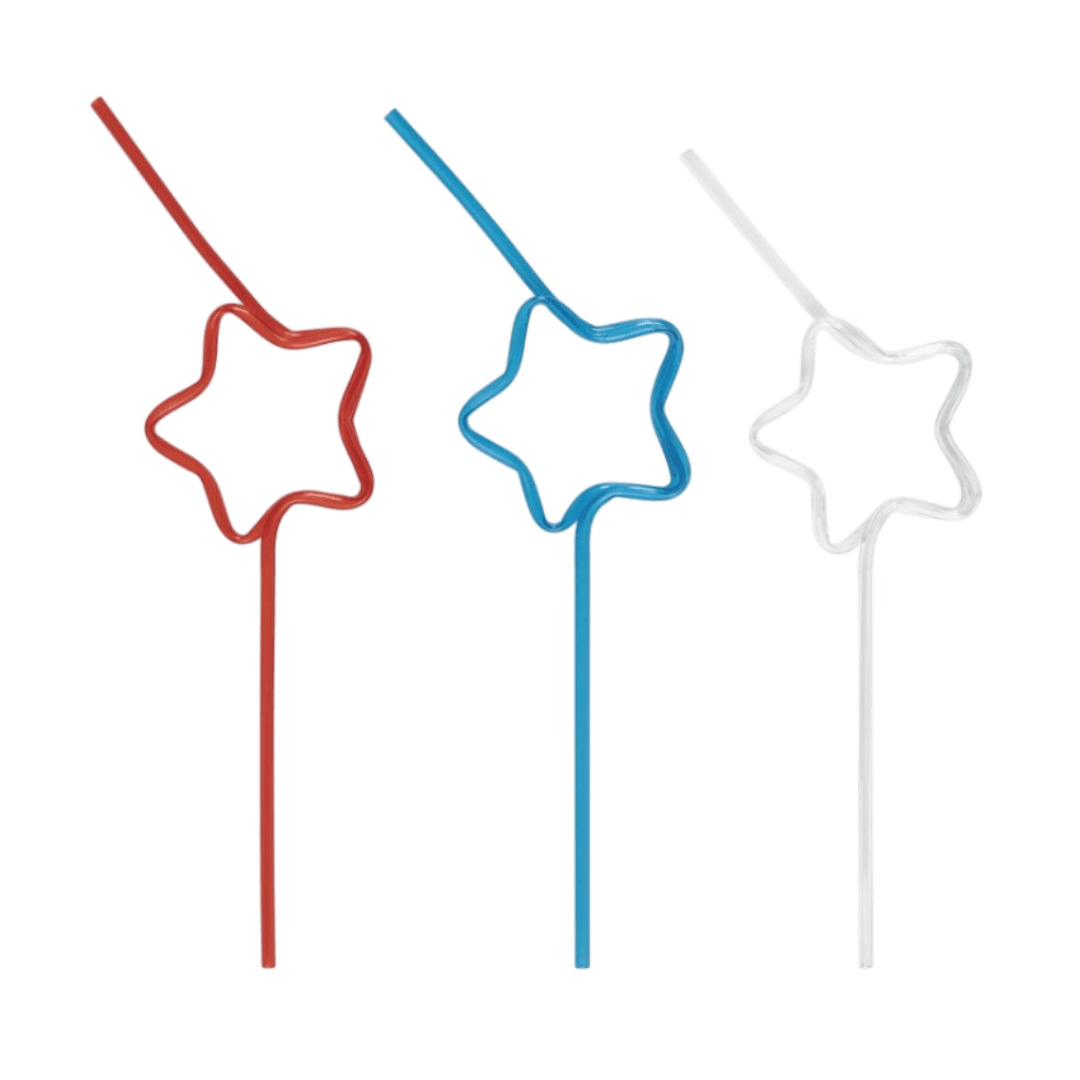 Red blue and white star shape plastic straws patriotic theme from Parte Haus party supply store in Bethesda MD