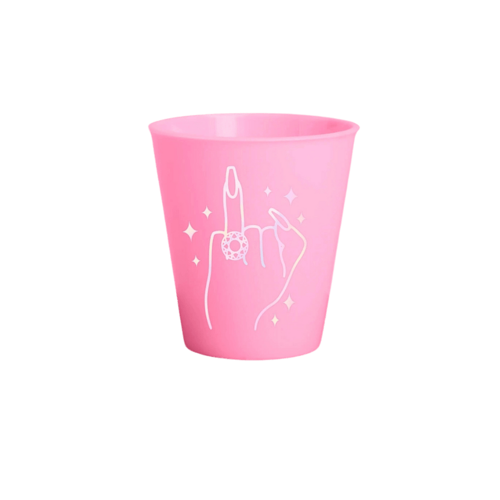 Pink plastic cup with hand illustration bachelorette theme from Parte Haus party supply store in Bethesda Maryland
