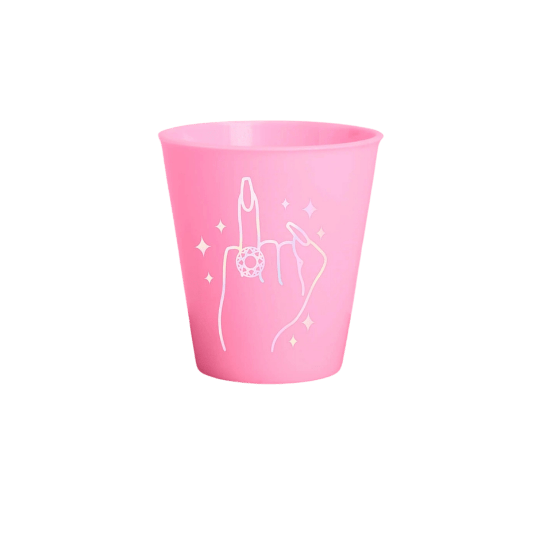 Pink plastic cup with hand illustration bachelorette theme from Parte Haus party supply store in Bethesda Maryland