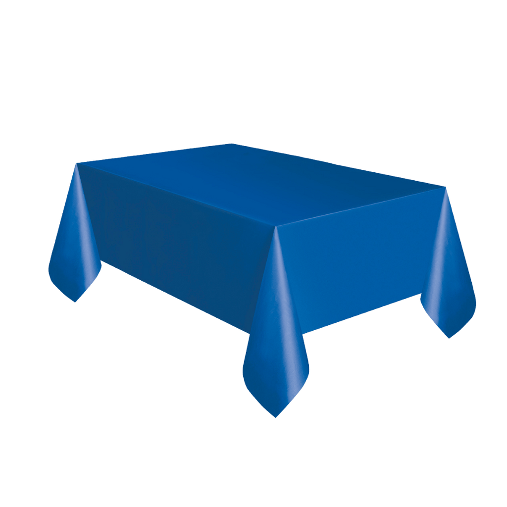 Royal blue table cover rectangular plastic for birthday from Parte Haus party supply store in Bethesda Maryland