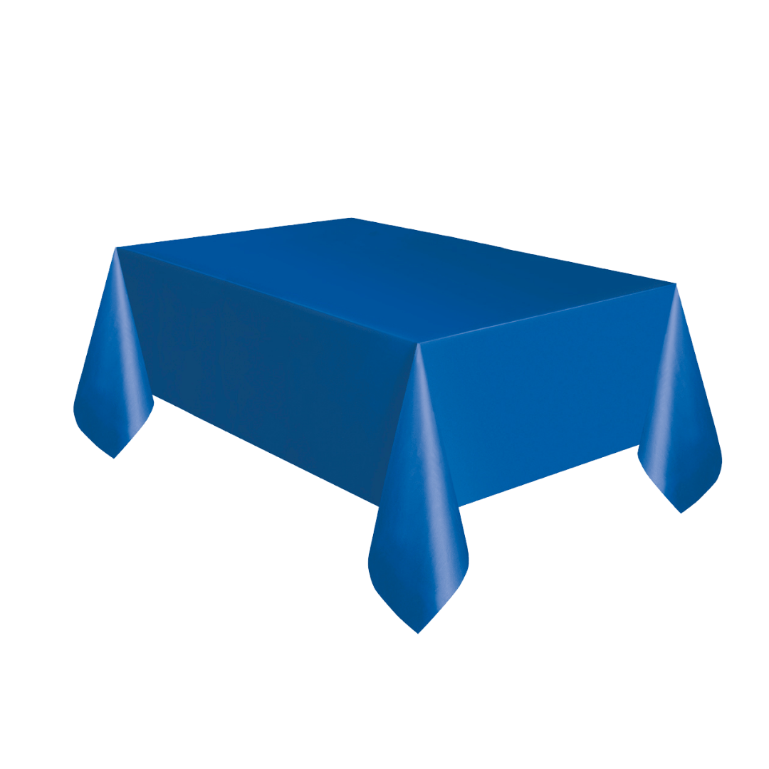 Royal blue table cover rectangular plastic for birthday from Parte Haus party supply store in Bethesda Maryland