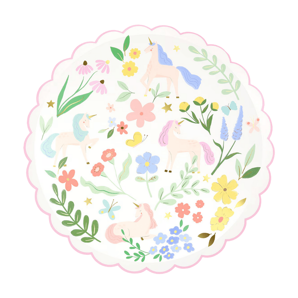 Pastel unicorn paper plate with floral and butterfly design magical theme from Parte Haus party supply store in Bethesda Maryland