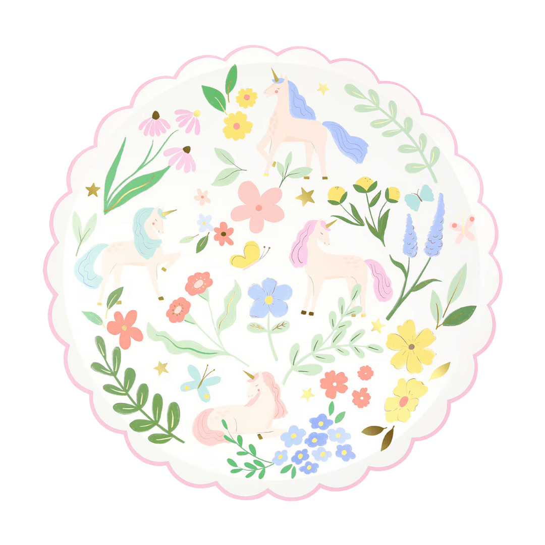 Pastel unicorn paper plate with floral and butterfly design magical theme from Parte Haus party supply store in Bethesda Maryland