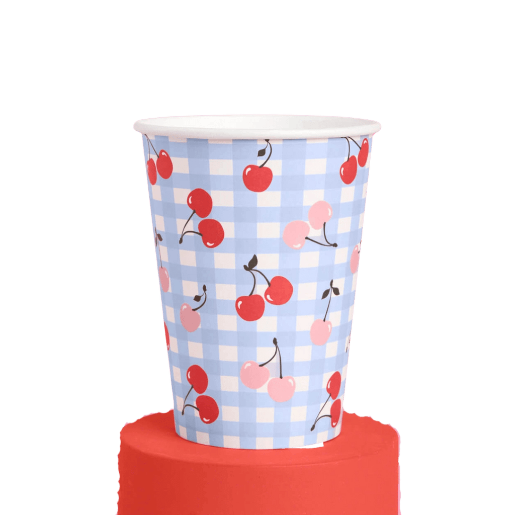 Blue cherry paper cup with gingham picnic theme from Parte Haus party supply store in Bethesda Maryland