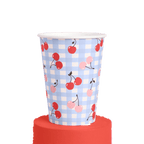 Blue cherry paper cup with gingham picnic theme from Parte Haus party supply store in Bethesda Maryland