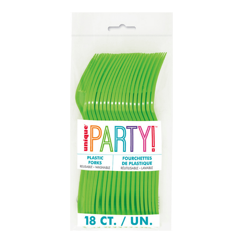 Green plastic forks in a clear package for celebration theme from Parte Haus party supply store in Bethesda MD