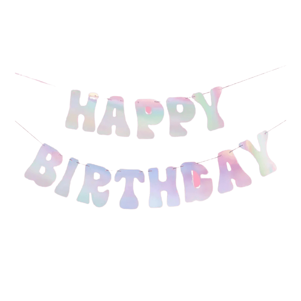 Pastel iridescent happy birthday banner balloon birthday party from Parte Haus party supply store in Bethesda MD