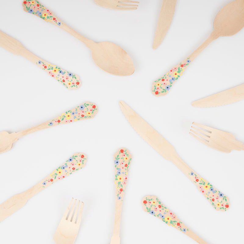 Floral wooden cutlery with colorful flower handles for picnic theme from Parte Haus party supply store in Bethesda MD