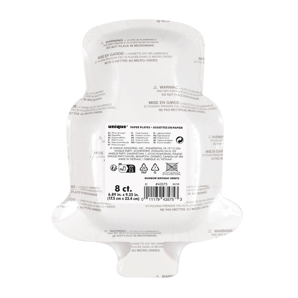 white bell shaped paper plates stack for rainbow birthday from Parte Haus party supply store in Bethesda Maryland