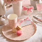 Pink floral paper plate and cup elegant table setting for tea party from Parte Haus party supply store in Bethesda MD