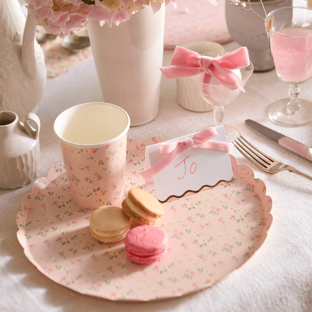 Pink floral paper plate and cup elegant table setting for tea party from Parte Haus party supply store in Bethesda MD