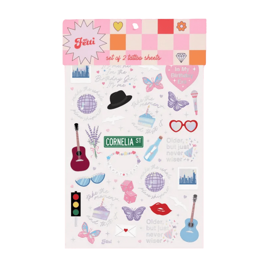 Colorful tattoo sticker sheet with butterflies sunglasses and guitars birthday themed from Parte Haus party supply store in Bethesda Maryland