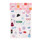 Colorful tattoo sticker sheet with butterflies sunglasses and guitars birthday themed from Parte Haus party supply store in Bethesda Maryland