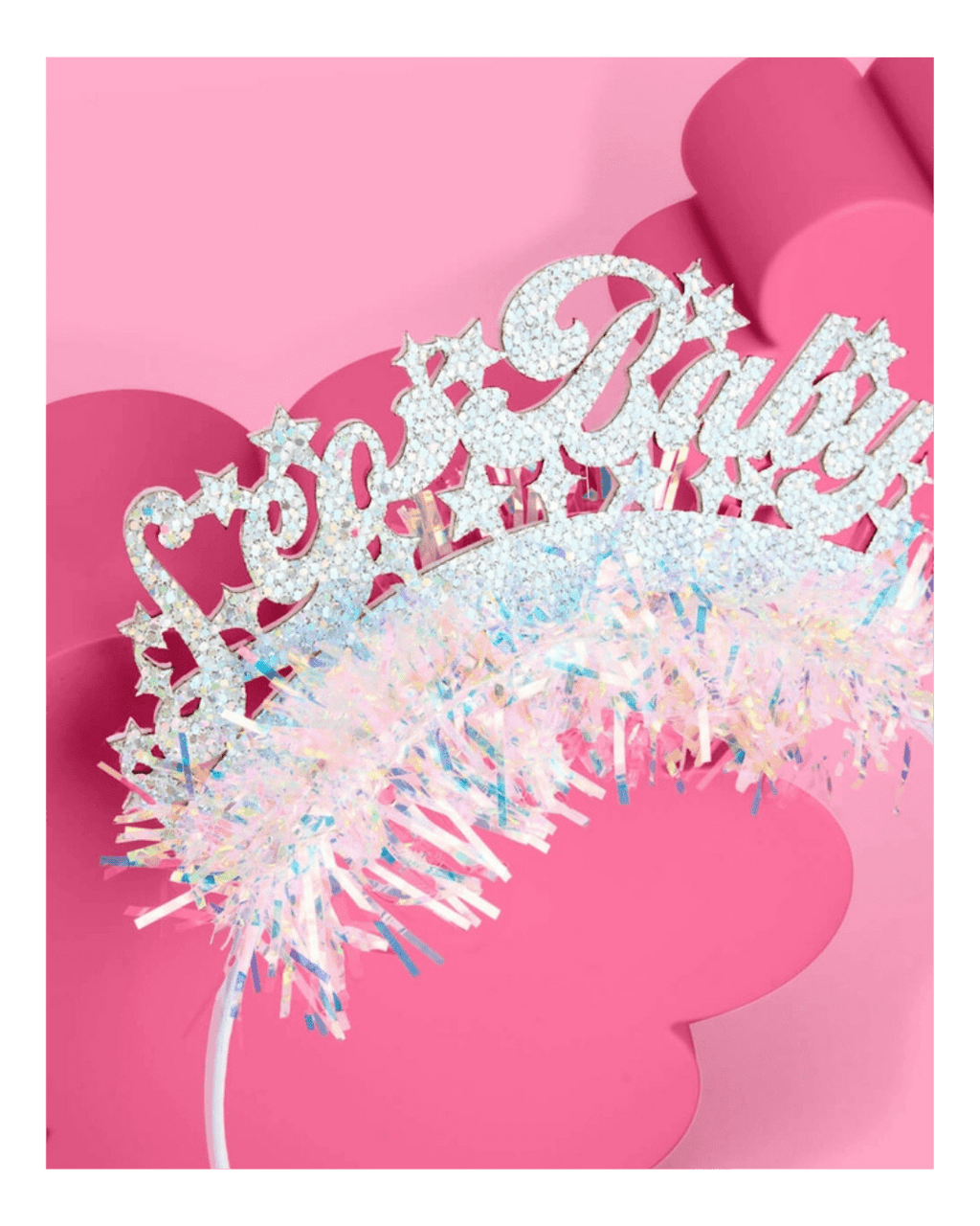 Silver glittery tiara headband with Let’s Baby text for baby shower from Parte Haus party supply store in Bethesda Maryland