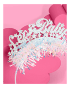 Silver glittery tiara headband with Let’s Baby text for baby shower from Parte Haus party supply store in Bethesda Maryland