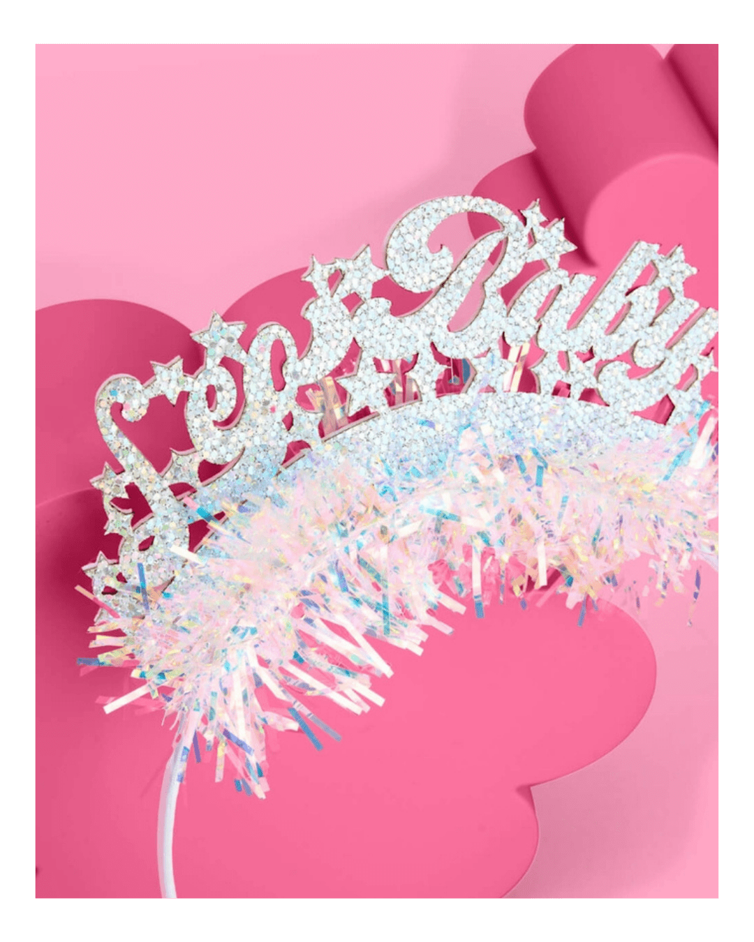 Silver glittery tiara headband with Let’s Baby text for baby shower from Parte Haus party supply store in Bethesda Maryland
