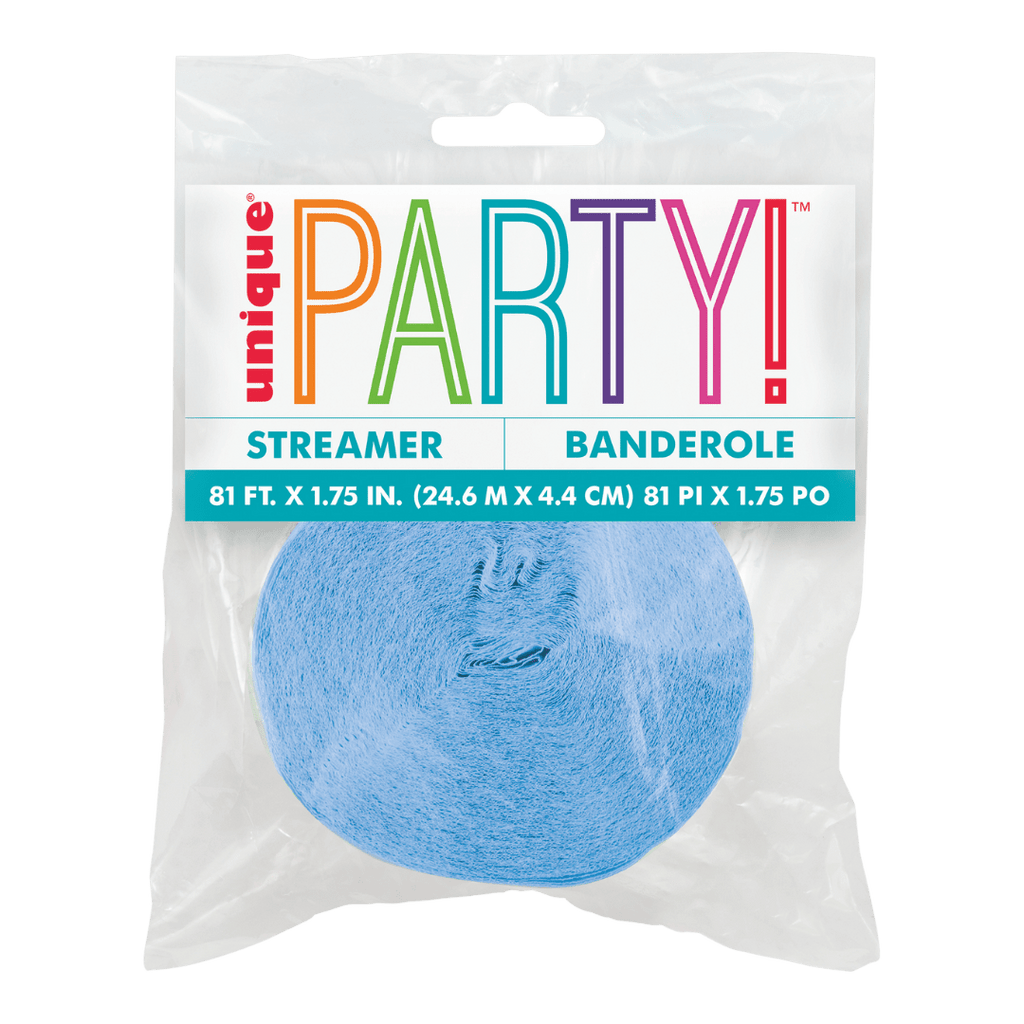 Light blue streamer rolled in a clear package for celebration from Parte Haus party supply store in Bethesda MD