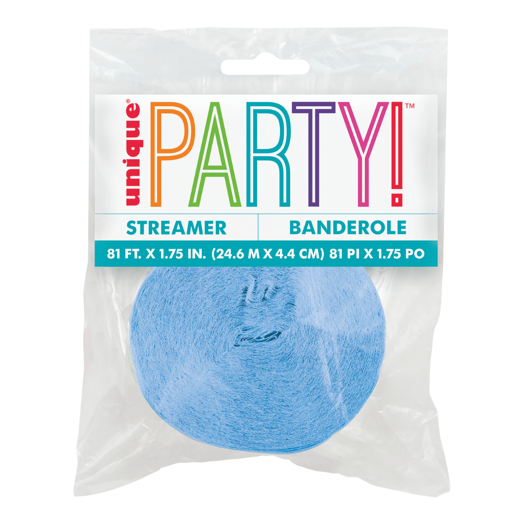 Light blue streamer rolled in a clear package for celebration from Parte Haus party supply store in Bethesda MD
