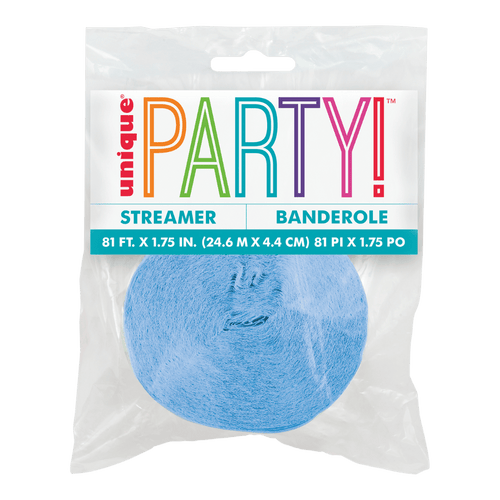 Light blue streamer rolled in a clear package for celebration from Parte Haus party supply store in Bethesda MD