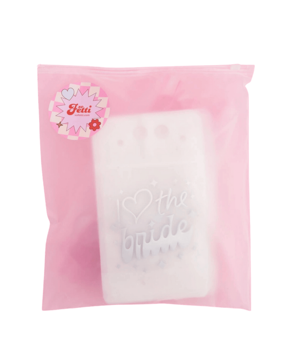 Pink bride themed gift set in translucent bag for bridal shower from Parte Haus party supply store in Bethesda Maryland