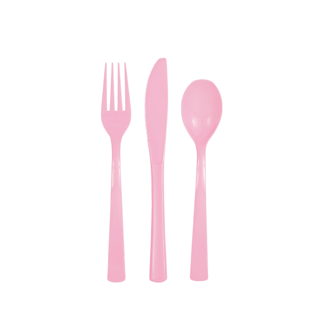 Pink plastic cutlery set featuring fork knife and spoon for birthday theme from Parte Haus party supply store in Bethesda MD