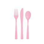 Pink plastic cutlery set featuring fork knife and spoon for birthday theme from Parte Haus party supply store in Bethesda MD