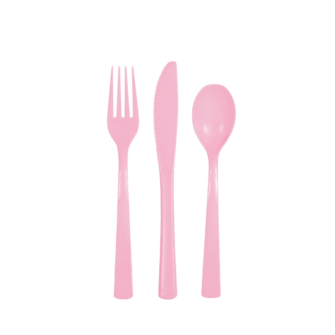 Pink plastic cutlery set featuring fork knife and spoon for birthday theme from Parte Haus party supply store in Bethesda MD