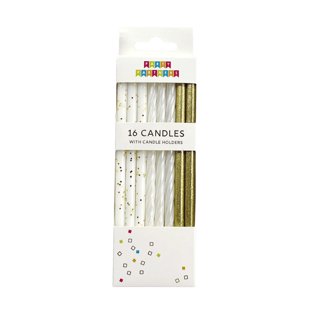 Gold and white birthday candles with glitter detail celebration theme from Parte Haus party supply store in Bethesda MD
