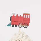 Red train cupcake topper with wheels birthday train theme from Parte Haus party supply store in Bethesda Maryland