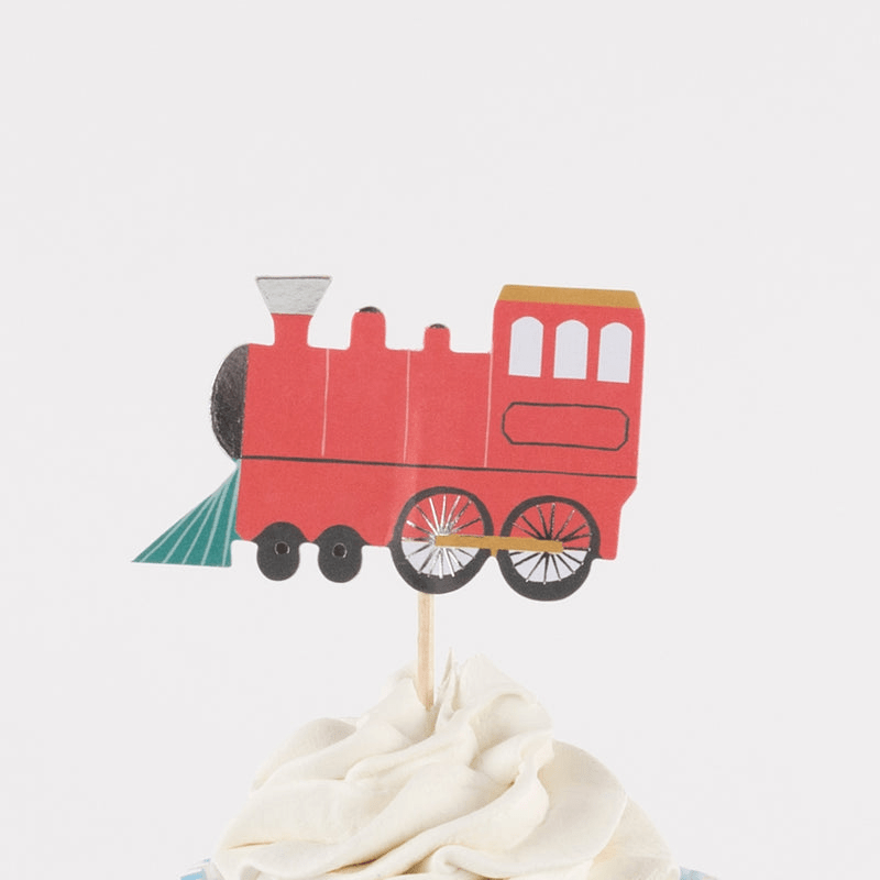 Red train cupcake topper with wheels birthday train theme from Parte Haus party supply store in Bethesda Maryland