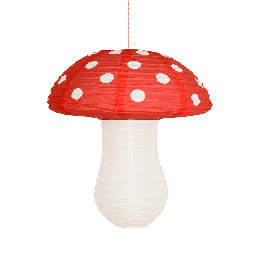 Red and white mushroom shaped paper lantern whimsical decoration from Parte Haus party supply store in Bethesda MD