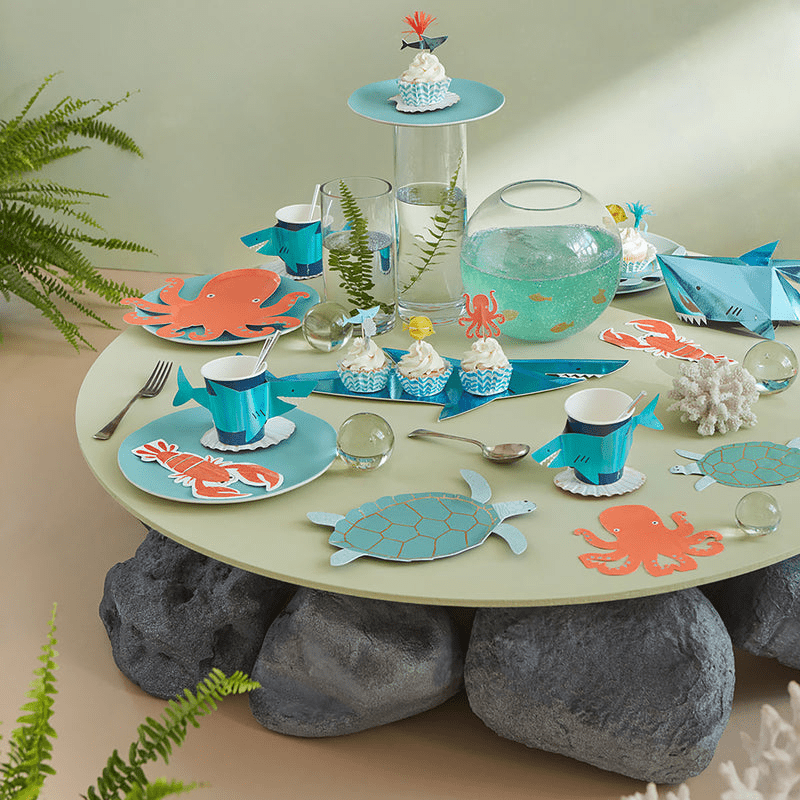 Blue and orange sea animal themed table decor for ocean birthday from Parte Haus party supply store in Bethesda MD