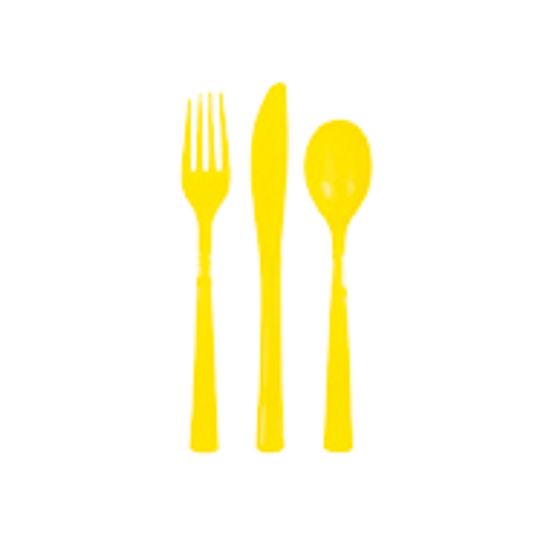 Yellow cutlery set with fork knife and spoon for birthday from Parte Haus party supply store in Bethesda MD.