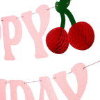 Pink glitter happy birthday banner with red cherry accents birthday theme from Parte Haus party supply store in Bethesda Maryland